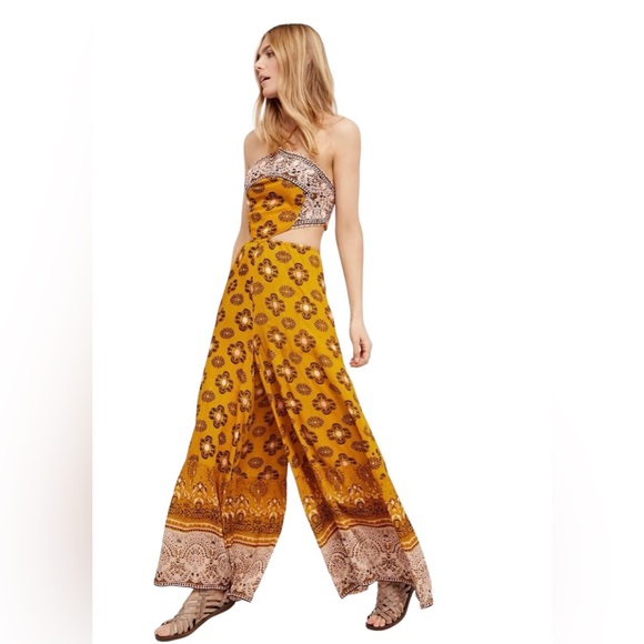 Free People Mariabelle Yellow Mustard Jumpsuit Moraccan Size Medium - Picture 1 of 6